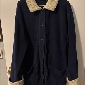 Jennifer Moore Navy Coat with Cream Collar Bard Coat Style Cozy Girly Jacket